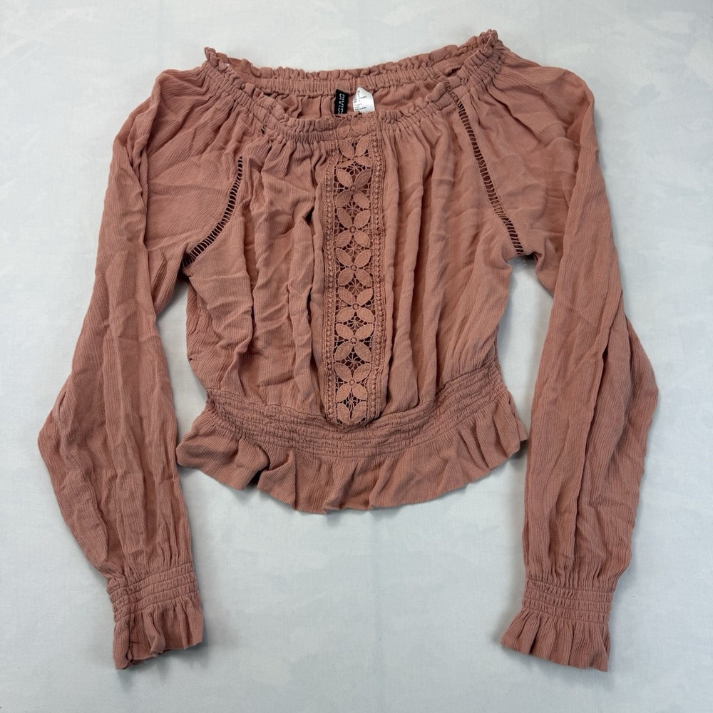Divided H&M Women's US 6 Dusty Rose Crochet Peasant Blouse Boho Long Sleeve